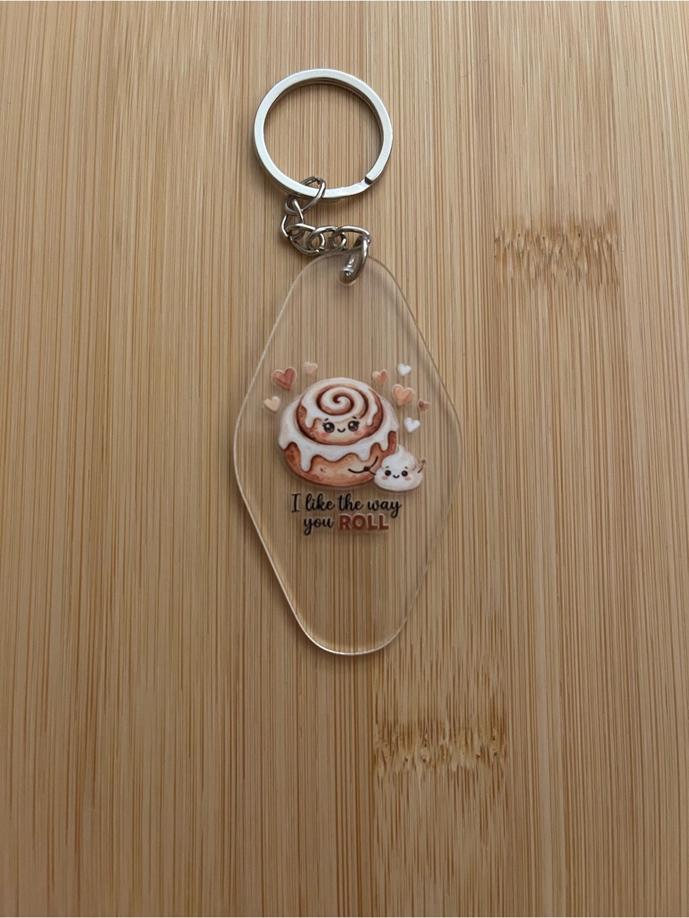 Cute Cinnamon Roll Keychain Charm - Clear with Brown & Pink Accents